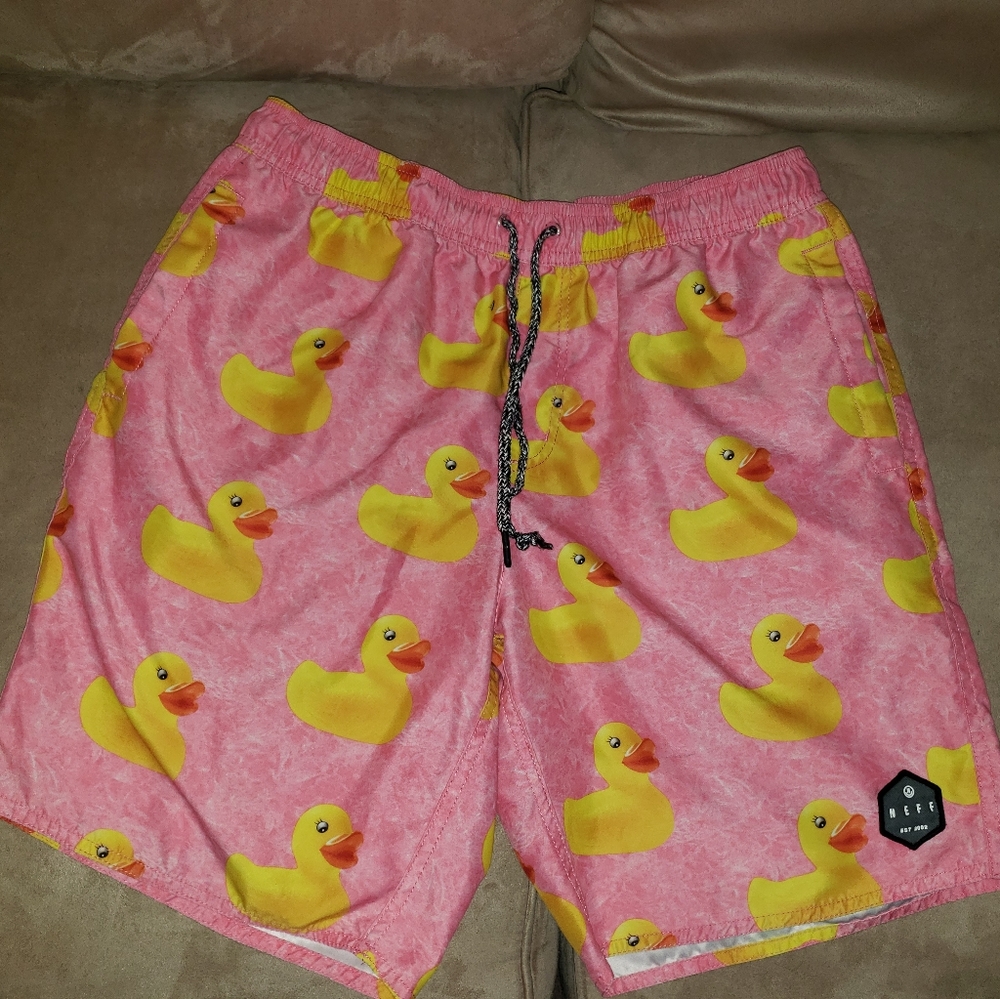 Men's Neff adult size small pink yellow rubber duck bathing suit shorts trunks